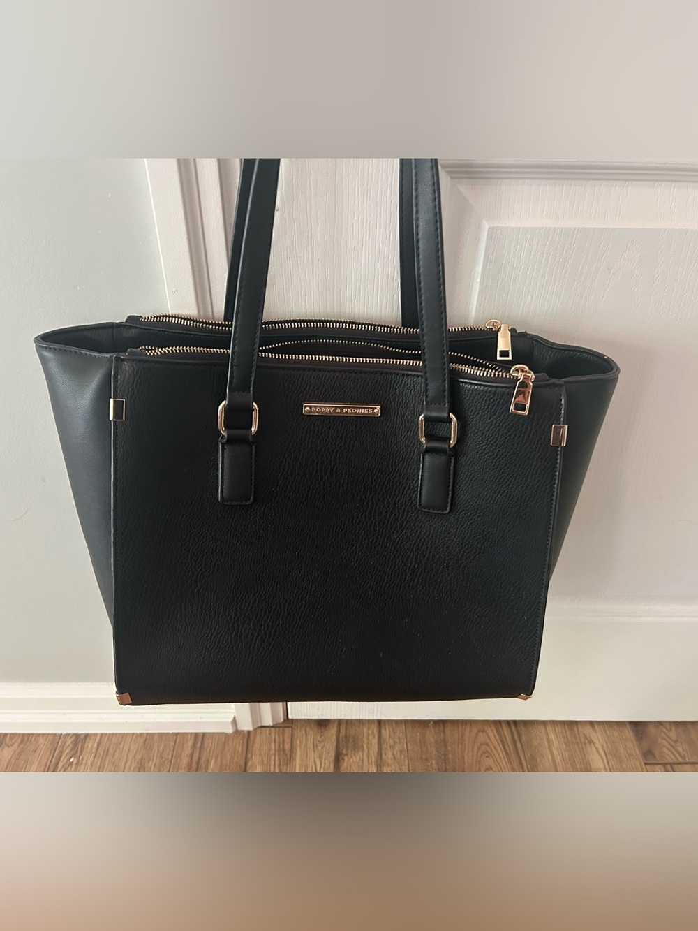 Poppy & Peonies Black Structured Tote with Gold Hardware